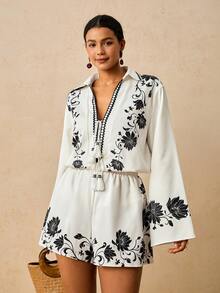 Levarali Plus Size Women's Casual Boho Vacation Floral Print Long Sleeve Shirt And Shorts Set, Everyday Outfit Brunch White Autumn - White - View 7