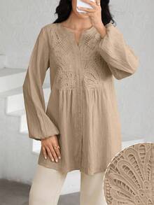 Graceveil 女款缺口領刺繡設計長袖單排扣襯衫 - 卡其色 - 查看 1