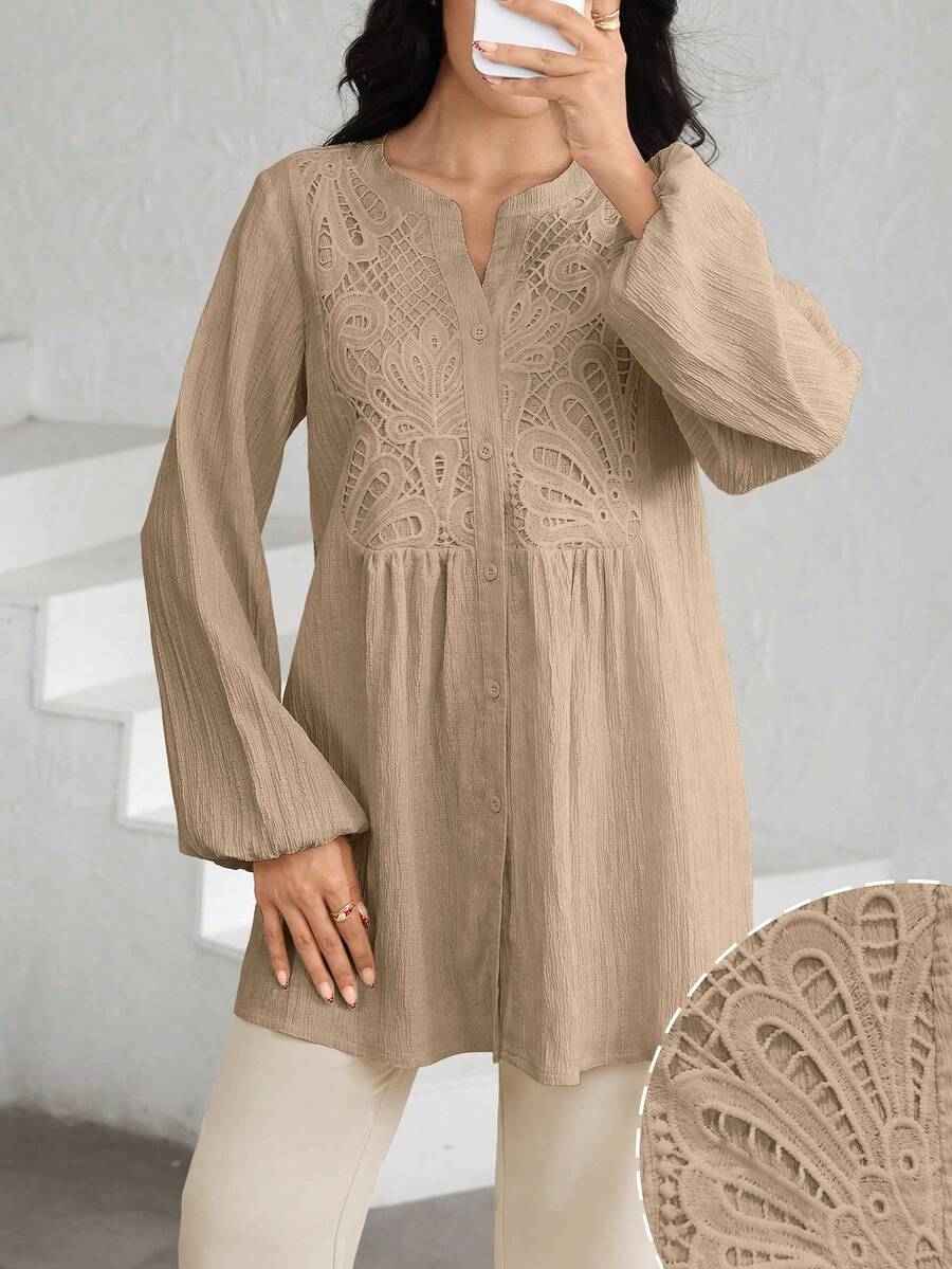 Graceveil 女款缺口領刺繡設計長袖單排扣襯衫 - 卡其色 - 查看 1
