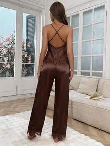 SHEIN 蕾絲飾邊女款性感仿絲露背交叉肩帶睡衣套裝 - 咖啡棕 - 查看 2