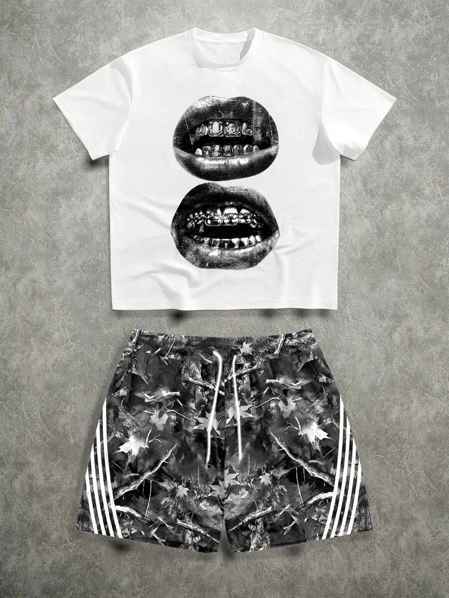 Manfinity ZONE917 Men's Loose Round Neck Short Sleeve Printed T-Shirt And Drawstring Leaf Print Shorts - Multicolor - View 1