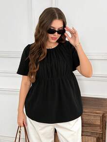 SHEIN LUNE 大尺碼夏季休閒純色短袖襯衫 - 黑色 - 查看 5