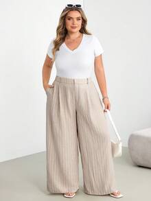 SHEIN CURVE+ 大尺碼休閒優雅條紋長褲，適合辦公正式場合、晚宴、日常、派對，2026秋冬 22W - 杏色 - 查看 6