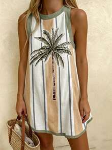 Vaclyn Women's Vacation Palm Tree Striped Round Neck Sleeveless Mini Dress - Multicolor - View 4