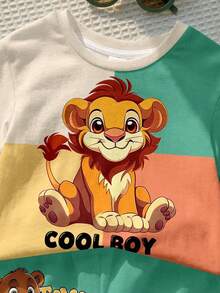 Baby Boy Casual Minimalist T-Shirt Set Suitable For Summer, Classic Color Block Patchwork Pattern Print, Cartoon Lion Pattern Print, COOL BOY - White - View 3