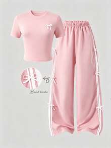 SHEIN Setelan 2 potong untuk remaja: Atasan lengan pendek putih dan celana panjang hitam dengan pita pink, cocok untuk musim semi/panas, olahraga, kasual, dan penampilan imut untuk kembali ke sekolah. - Berwarna merah muda - View 4