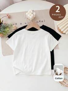 SHEIN 女童小女孩黑白百搭圓領套頭上衣 2件組，適合居家與外出穿著 - 黑與白 - 查看 2