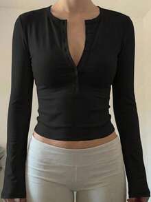 DAZY Women's Half-Zip Long Sleeve Bodycon T-Shirt - Black - View 7