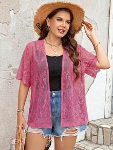 SHEIN VCAY Plus Size Short Sleeve Embroidered Semi-Transparent Kimono Vacation Summer - Red Violet - View 7