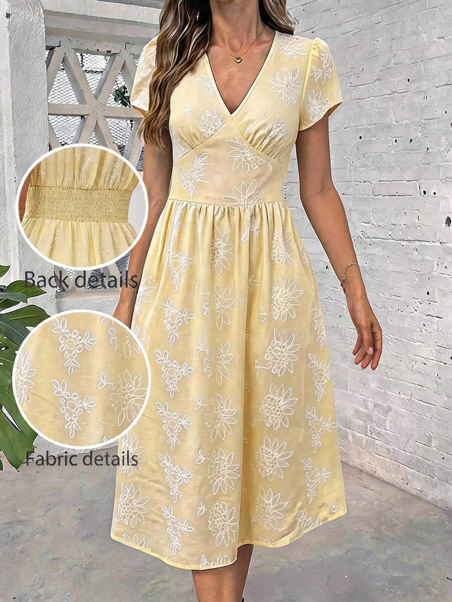 SHEIN Clasi 女款優雅可愛熱帶風情性感純色斜口袋收腰V領喇叭中長洋裝 度假鄉村休閒白色花卉