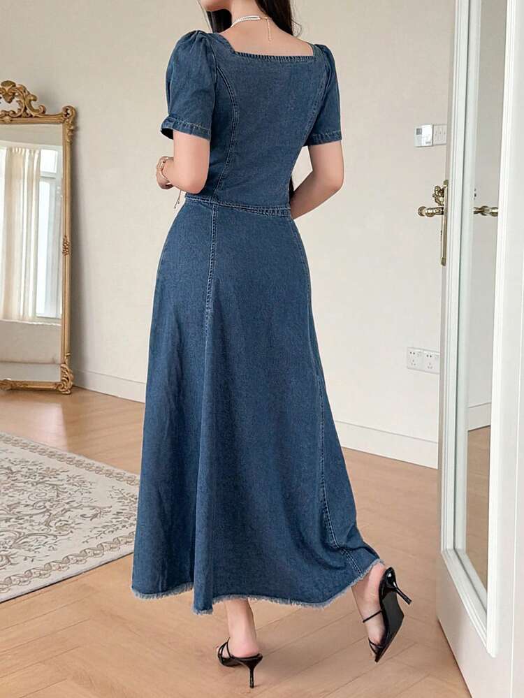 Vintage Washed Fitted Cropped Top And Long Skirt Denim Suit For Women, Spring/Summer