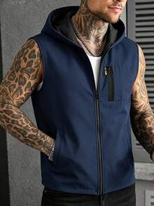Manfinity Homme Men's Casual Solid Color Zip-Up Hooded Vest For Summer - Blue - View 2
