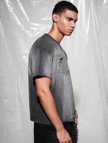 IRON GLYPH Men's Casual Round Neck Drop Shoulder Short Sleeve Letter Print T-Shirt, Holiday - Grey - View 5