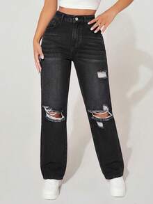 SHEIN PETITE Celana Jeans Denim Kasual Wanita Model Lurus dengan Pinggang Tinggi dan Saku, Model Potongan Lurus dengan Detail Sobek - Hitam - View 5