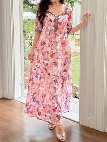 Al Najma Spring/Summer French Lace Square Neck Printed Gentle Short Sleeve Elegant Dress - Multicolor - View 11