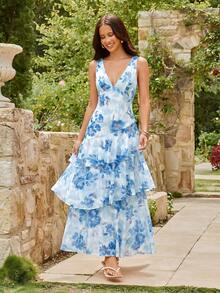KARISMINA Women's Floral Pattern Ruffle Hem Sleeveless Elegant Flowy Dress Vacation White Summer - Baby Blue - View 4