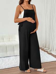 SHEIN Maternity Summer Casual Solid Color Spaghetti Strap Jumpsuit,Autumn Outfit For Women - Black - View 9