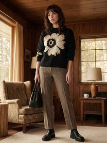 CAJUNI Pull à manches longues imprimé floral décontracté et polyvalent pour femme, pour tous les jours - Noir - Voir 3