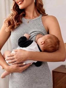 SHEIN Đầm cho bà bầu dệt kim gân đơn giản, màu trơn, thích hợp mặc hàng ngày đi làm, mùa hè. - Màu Khaki - Xem 2