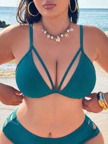 Swim SXY 大尺碼女款素色性感比基尼上衣，適合夏季海灘穿著 - 綠色 - 查看 6