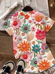 Young Girl Casual Minimalist Cute Textured Floral Print, Short Sleeve Long Pants 2-Piece Set Suitable For Summer, Graphic, Cozy, Girls Outfit Sets, Y2K, Vintage, Vacation - Multicolor - View 4