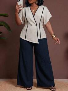 Veslaya Conjunto casual de uso diario para mujer de talla grande con top de cuello en V con bloques de color y pantalones de pierna ancha - Albaricoque - Ver 7