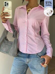 SHEIN EZwear 灰粉色條紋梭織女款襯衫 辦公室秋季優雅風 - 粉色 - 查看 9