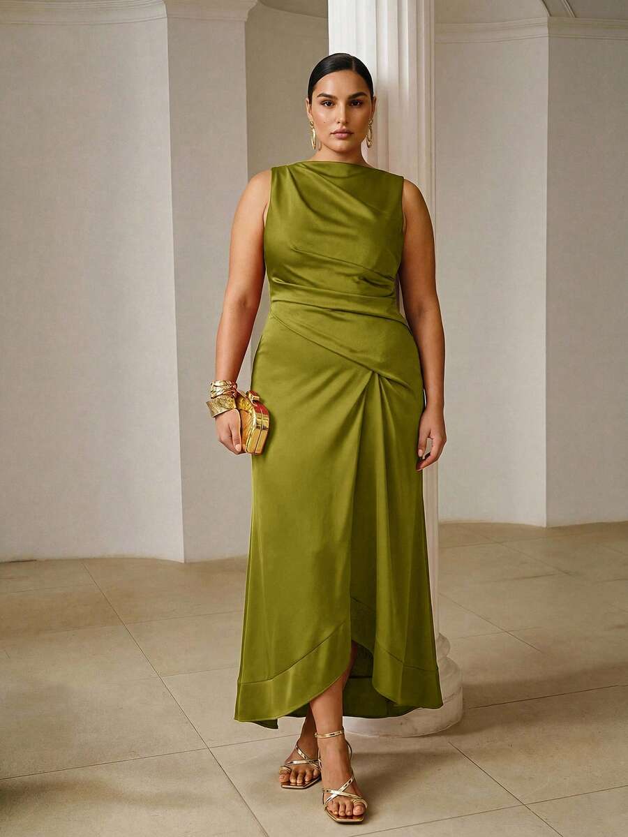 ZEYLAH Vestido largo ajustado con fruncido asimétrico primavera verano - Verde Oliva - Ver 1