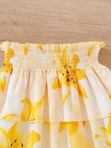 Girls' Vacation Casual Halter Neck Sleeveless Fitted Solid Color Ribbed Fabric Tank Top And Elastic Waist Tropical Large Floral Ruffle Tiered Skirt Set, Suitable For Summer Vacation And Casual Outings - Yellow - View 4