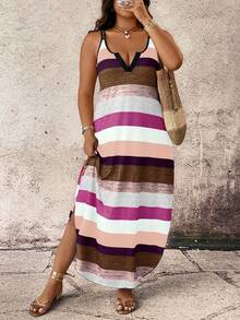 Breezaya Spring Summer Autumn Casual Comfortable Striped Fabric Feature Shoulder Strap Design Multi-Color Plus Size Dress - Brown - View 4
