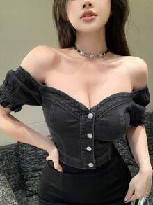DAZY 女款夏季方領花瓣袖深灰色街頭度假音樂節收腰修身短版牛仔上衣露肩上衣 - 黑色 - 查看 5
