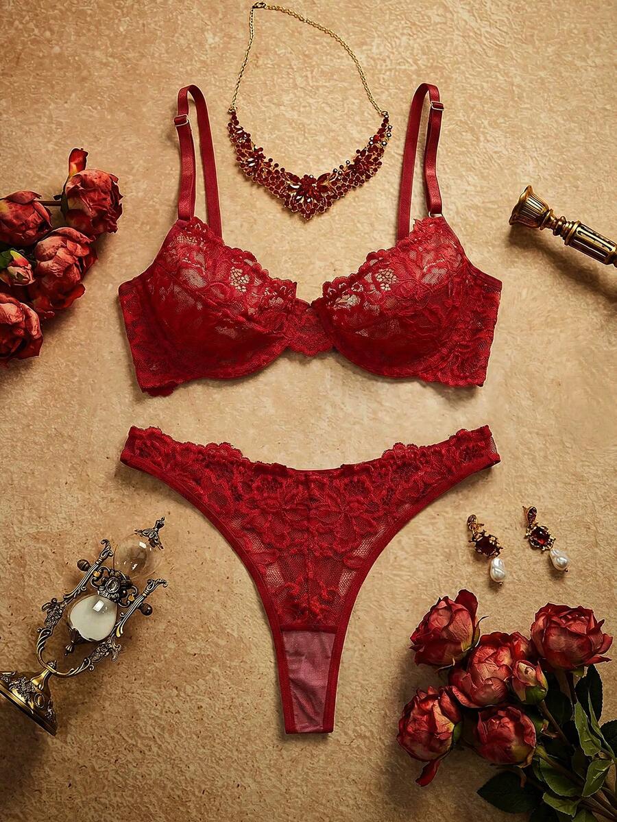 PinupPomp Floral Lace Underwire Lingerie Set - Burgundy - View 1