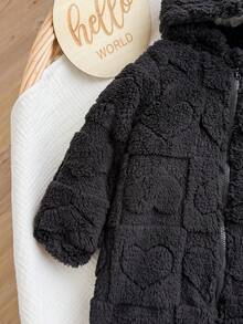 Newborn Baby Girl Autumn/Winter Cute 3D Ears Fuzzy Zipper Hooded Jumpsuit - Black - View 6