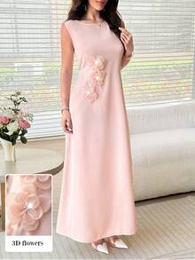 Light Pink Chiffon Maxi Dress With 3D Flowers And Scarf For Spring/Summer - Pink - View 5