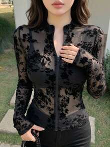 DAZY Sheer Lace & Mesh Floral Embroidered Long Sleeve Top For Women,Fall Women Clothes Going Out Tops - Black - View 12