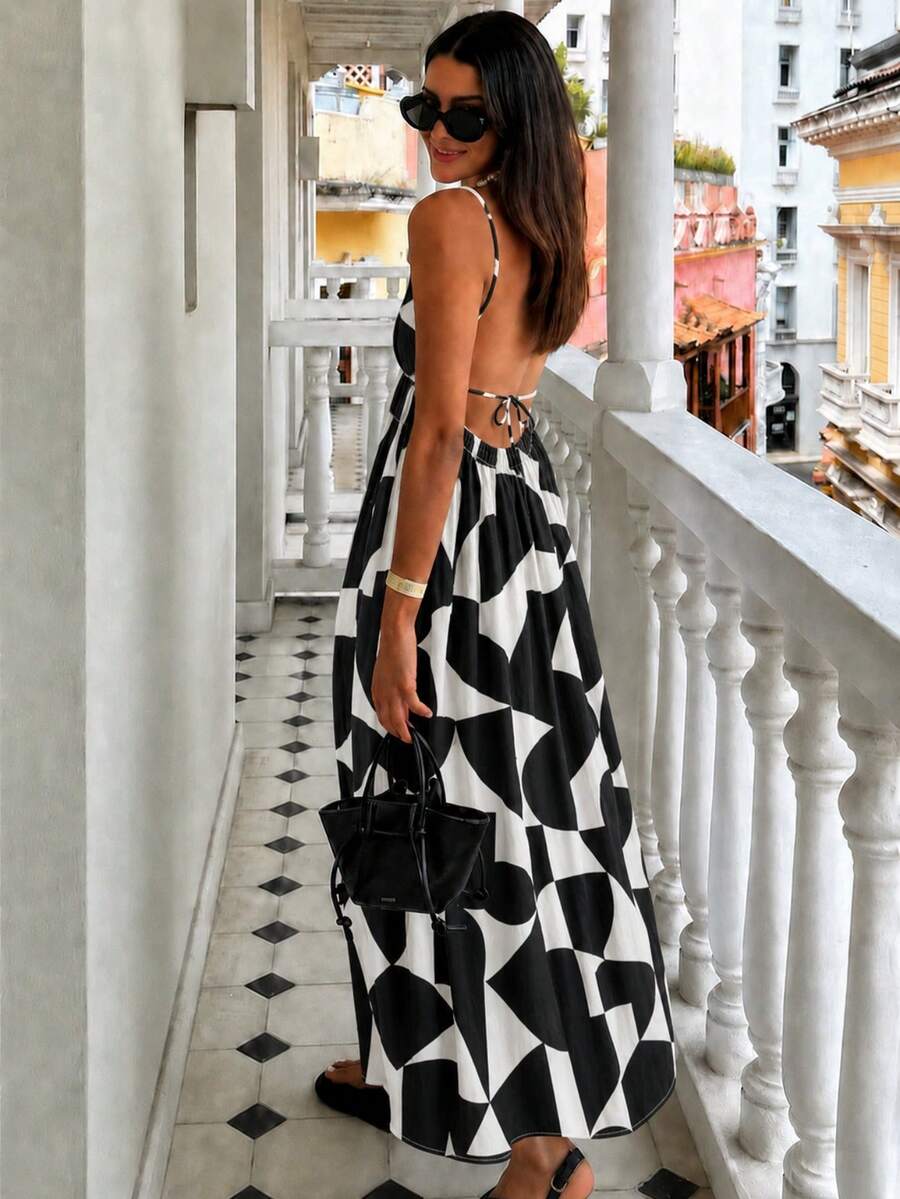 Cévolie Petite Gaun Cami Wanita Tanpa Punggung dengan Motif Geometris Warna Kontras, Leher Bentuk Hati, Pinggang Tinggi