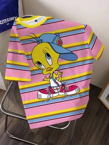 LOONEY TUNES X SHEIN Women's Casual Striped Cartoon Print T-Shirt, Summer - White - View 6
