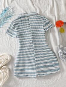 SHEIN Sparklyn 少女夏季休闲条纹连体衣 - 藍色 - 查看 2