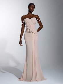 Elitara Elegant Luxurious Sequin Embroidered Lace Patchwork Stretch Knit Mesh Ruched Twisted Rope Design Mermaid Skirt, Suitable For Wedding, Bachelorette Party, Vacation, Prom, Holiday Party, Graduation Season Evening Gown (Heavy Workmanship Style) - Baby Pink - View 6
