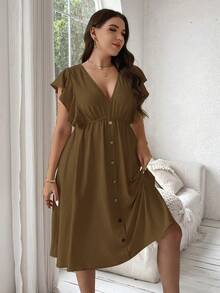 Vionelle Vestido con botones y volantes talla grande - Café integral - Ver 3