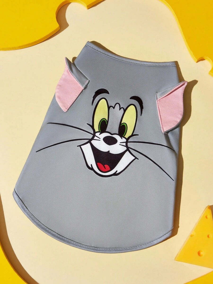 TOM & JERRY X SHEIN 1件裝可愛卡通寵物背心,四季透氣無袖狗貓背心,附3D耳朵設計,灰色Tom臉孔印花小狗襯衫,XXS-XXXXXL多尺寸可選,適合小型、中型、大型犬貓,寵物主人與愛好者的完美禮物 - 灰色 - 查看 1