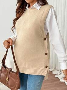 SHEIN Maternity Casual 1960s Decent Comfortable Versatile Textured Button Round Neck Knit Vest Autumn Outfit For Women Formal Office Work Black - Khaki - View 4