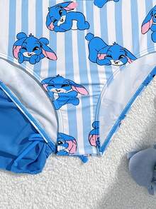 SHEIN Conjunto de 3 piezas de traje de baño para niña preadolescente, falda de malla, estampado de conejo lindo, estilo elegante y exquisito de dama, adecuado para playa de verano, piscina y juegos acuáticos - Azul - Ver 6