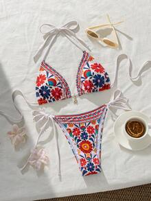 Swim Vcay 女款度假海灘夏季數位花卉印花比基尼套裝 綁帶三角上衣與泳褲兩件式泳衣 波希米亞熱帶風 白色 - 彩色 - 查看 3