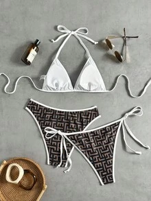 SHEIN Swim 女款兩件式三角比基尼套裝，熱帶可愛滾邊多色印花掛脖三角上衣 & 可愛三角泳褲，熱銷海灘度假休閒優雅情人節派對比基尼套裝，女款假期優雅海灘穿搭泳裝 - 彩色 - 查看 3