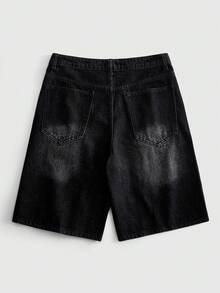 ROMWE MEN Street Life Washed Loose Casual Straight Leg Versatile Rhinestone Denim Shorts For Men - Black - View 2
