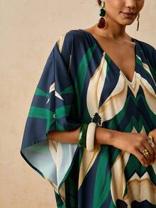 Travachic Plus Size Women's Vacation Style Printed V-Neck Batwing Sleeve Loose Casual Dress Tropical Plant Print Robe - Green - View 3