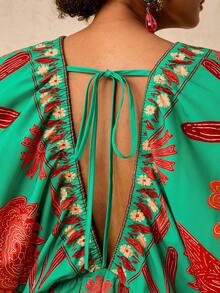 Travachic Vestido mini de manga larga con cuello en V y estampado para mujer talla grande, adecuado para vacaciones estilo bohemio, estampado floral pequeño verde y varias ocasiones incluyendo Año Nuevo, fiesta de Navidad, Acción de Gracias, fiesta elegante, boda, etc. - Verde - Ver 3