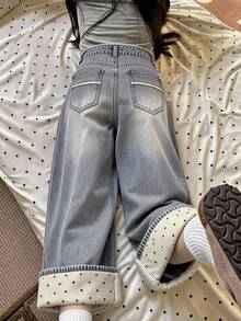 FRIFUL Women's Pocket Wide Leg Loose Casual Versatile Denim Jeans - Blue - View 1