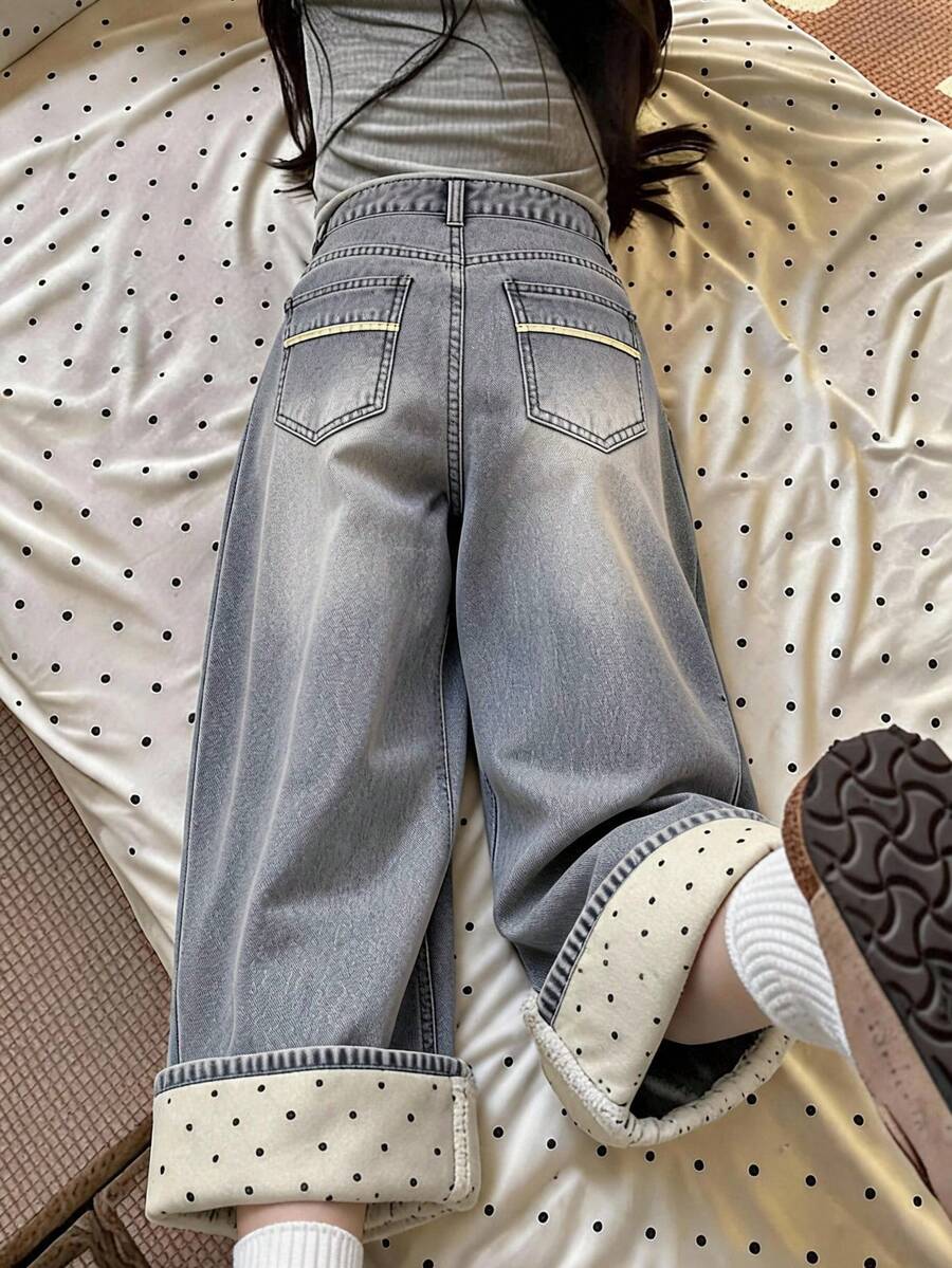 FRIFUL Women's Pocket Wide Leg Loose Casual Versatile Denim Jeans - Blue - View 1